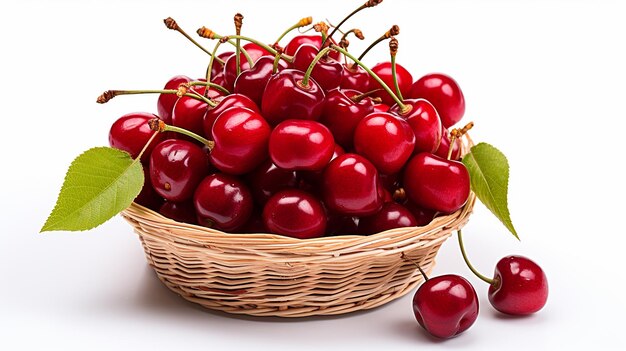 basket of fresh ripe cherries on a wooden table in a garden