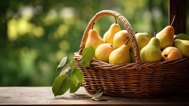 A basket of fresh ripe pears on a wooden table in the garden Created with Generative Ai technology