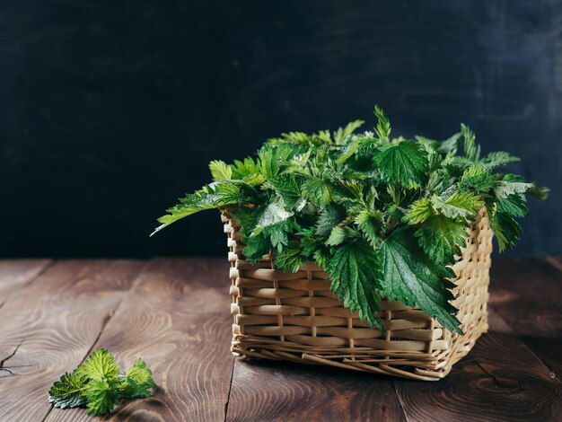 Basket of fresh stinging nettle leaves on wooden table