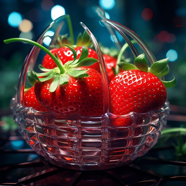Photo basket of fresh strawberries with leaves