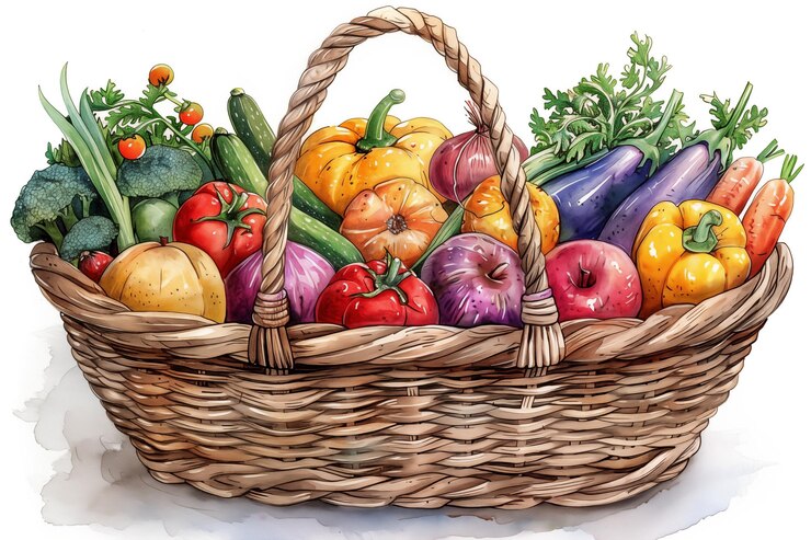Basket of fresh vegetables including tomatoes broccoli pumpkin carrots eggplant and onions