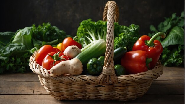 Basket of fresh vegetables on rustic wood