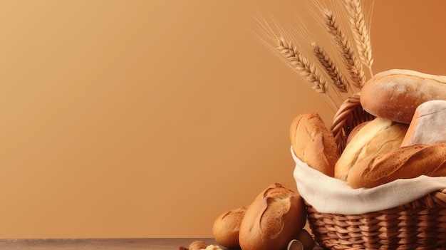 A basket of freshly baked bread Web banner with copy space Generative AI
