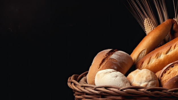 A basket of freshly baked bread Web banner with copy space Generative AI