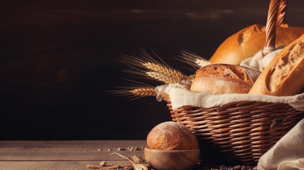 A basket of freshly baked bread Web banner with copy space Generative AI