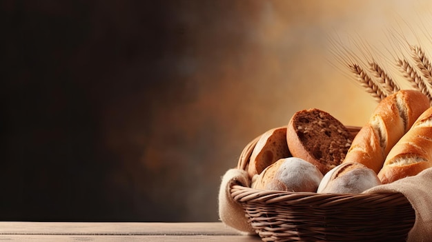 A basket of freshly baked bread Web banner with copy space Generative AI