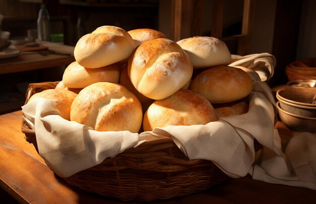 Photo basket of freshly baked buns on a table in a bakery