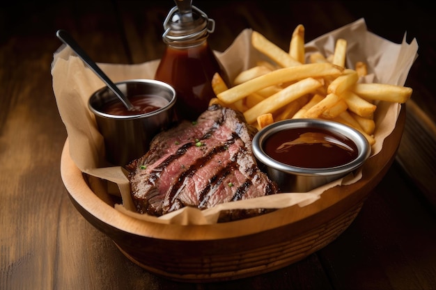 Basket of freshly cut fries and steak sauce ready to be devoured