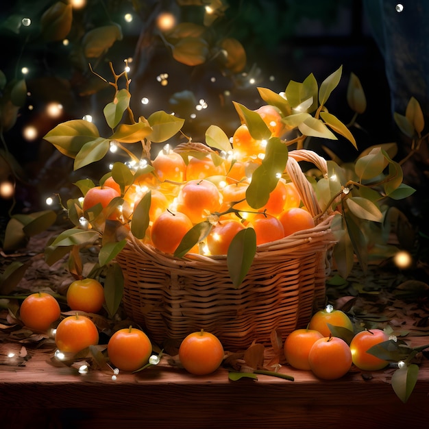 Корзина со свежесобранными яблоками и апельсинами с прикрепленными листьями. Сказочный свет.