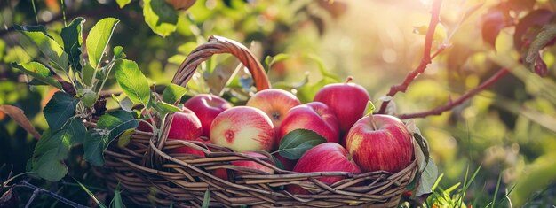 a basket of freshly picked ripe apples in the garden