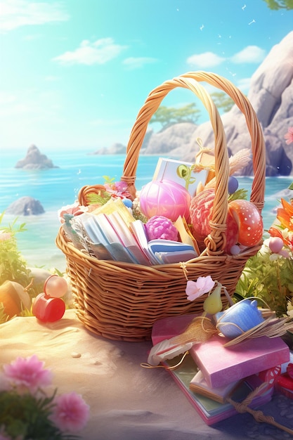 a basket of fruit and a beach scene with a beach scene