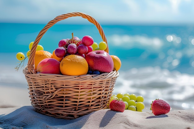 A basket of fruit on a beach with a blue ocean in the background and a few strawberries and oranges