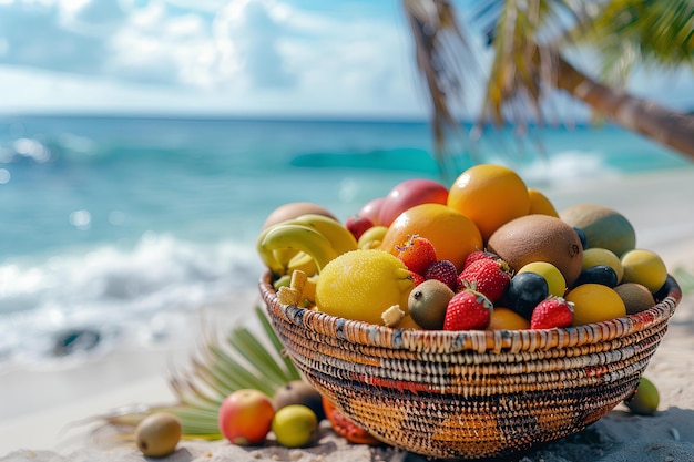 A basket of fruit on a beach with a palm tree in the background and a blue sky in the background a