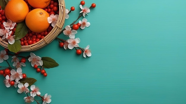 A basket of fruit and berries on a blue background