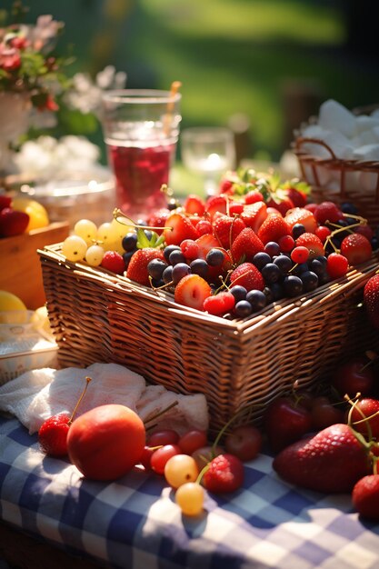 A basket of fruit and a glass of water