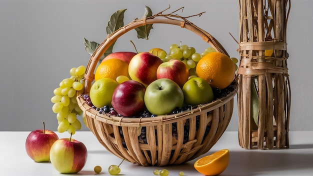 a basket of fruit including apples grapes and oranges