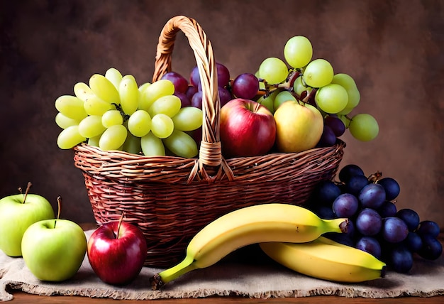 a basket of fruit including grapes apples and a banana