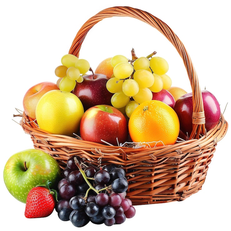 Photo a basket of fruit including grapes apples and a strawberries