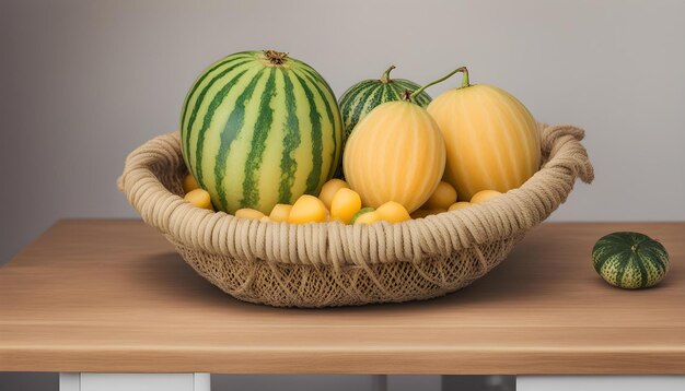 Photo a basket of fruit including melons squash and melon