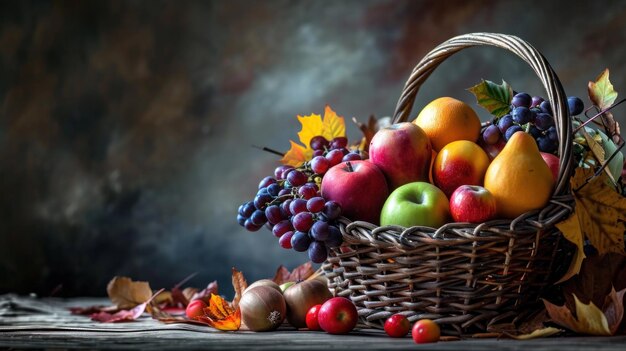 A basket of fruit is arranged in a wicker basket ai