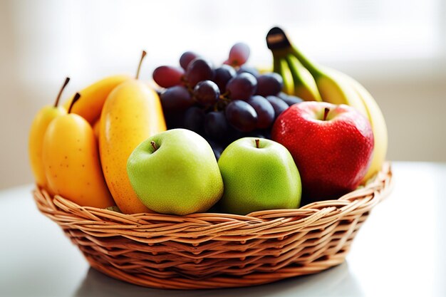 A basket of fruit is shown with a banana and a bunch of grapes