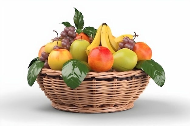 A basket of fruit is shown with a banana in it.