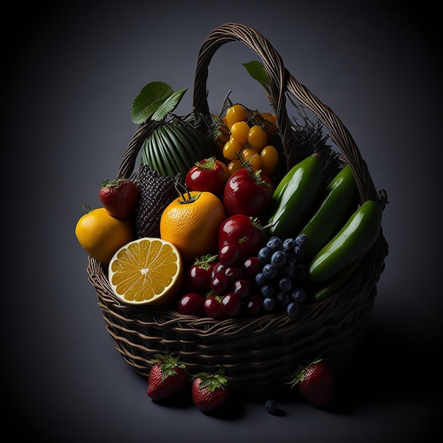 A basket of fruit is shown with a black background.