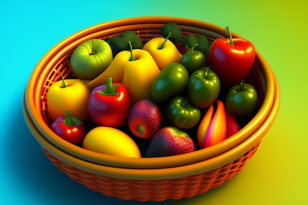 A basket of fruit is shown with a green background.