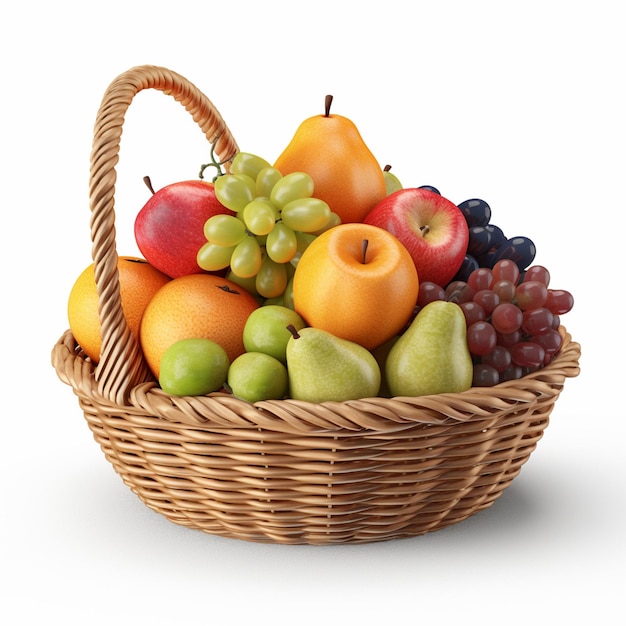 A basket of fruit is shown with a white background.