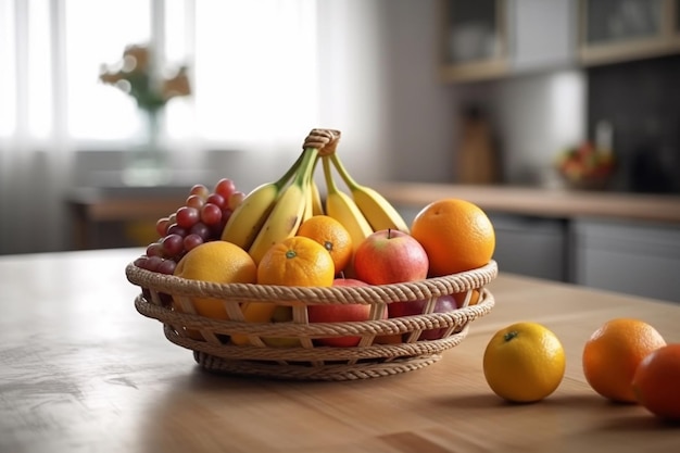 Un cesto di frutta è su un tavolo con pochi altri frutti.