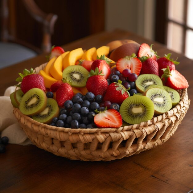 A basket of fruit is on a table with a napkin hanging off of it