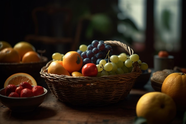 A basket of fruit is on a table with other fruits.
