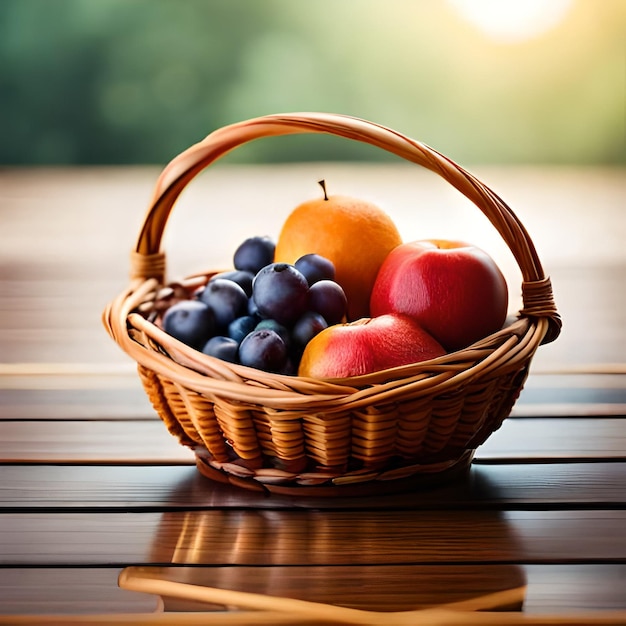 A basket of fruit is on a wooden table.