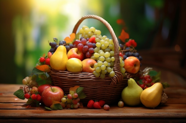 A basket of fruit and a pear on a table