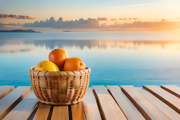 A basket of fruit sits on a dock with a sunset in the background