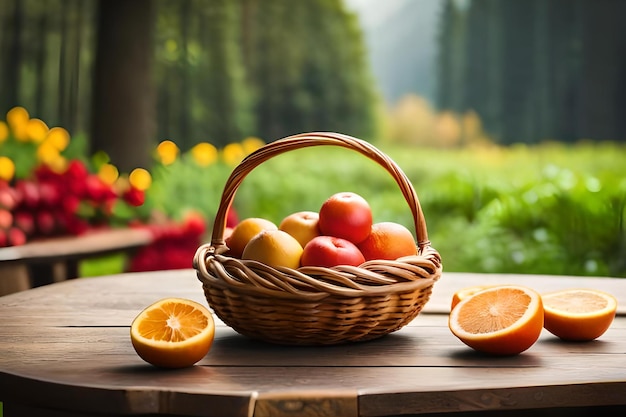 A basket of fruit sits on a table in front of a field of flowers.