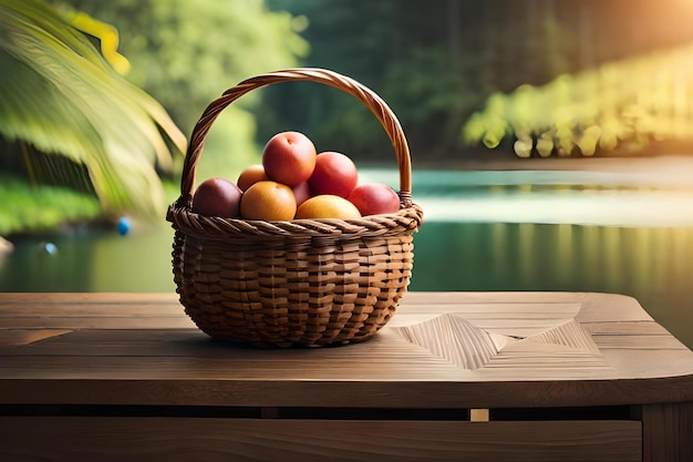 A basket of fruit sits on a table in front of a pool.