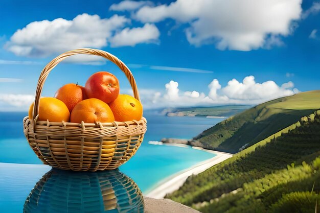 A basket of fruit sits on a table overlooking a beach