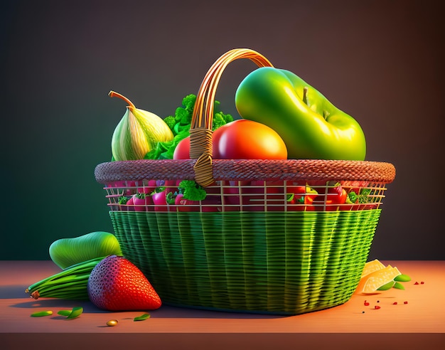 A basket of fruit sits on a table with a green background.