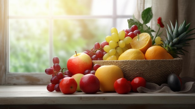 A basket of fruit sits on a window sill