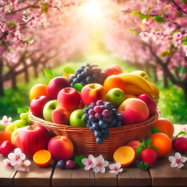 Photo a basket of fruit and the sun is on a table