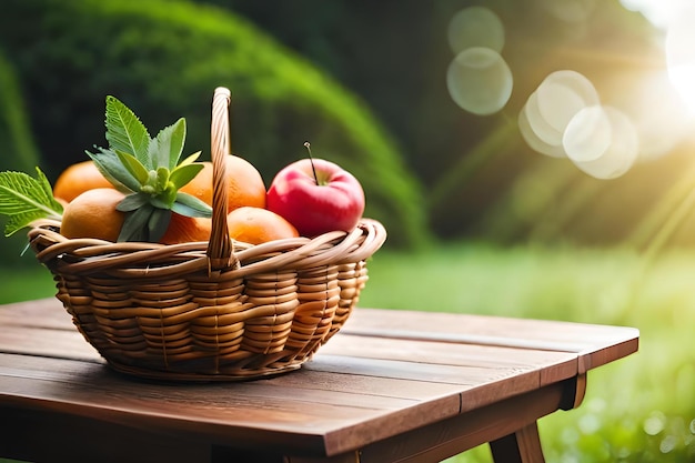 Cesto di frutta su un tavolo in giardino