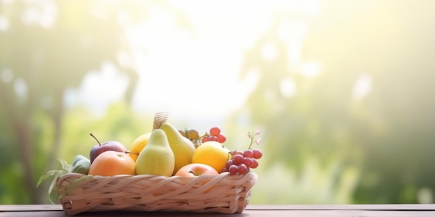 A basket of fruit on a table with a blurred background