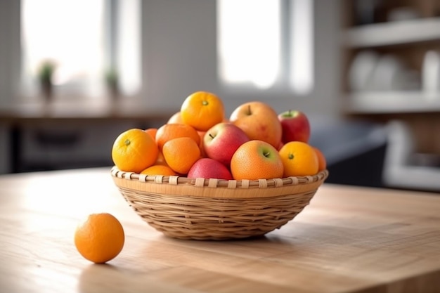 A basket of fruit on a table with a small orange on the table.