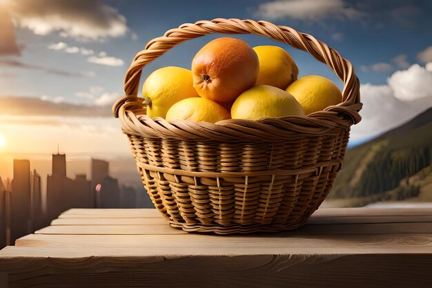 basket of fruit on a table with a sunset in the background