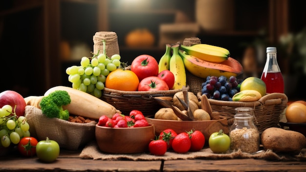 корзина с фруктами и овощами, включая бананы, клубнику и другие фрукты