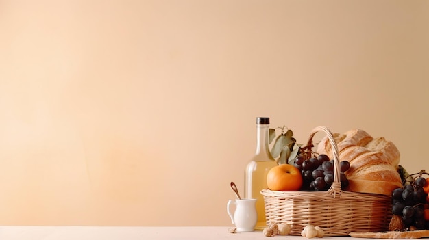 A basket of fruit and vegetables on a table