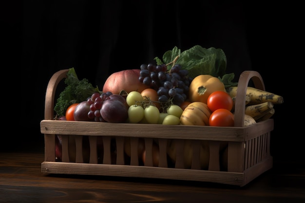 A basket of fruit and vegetables on a table