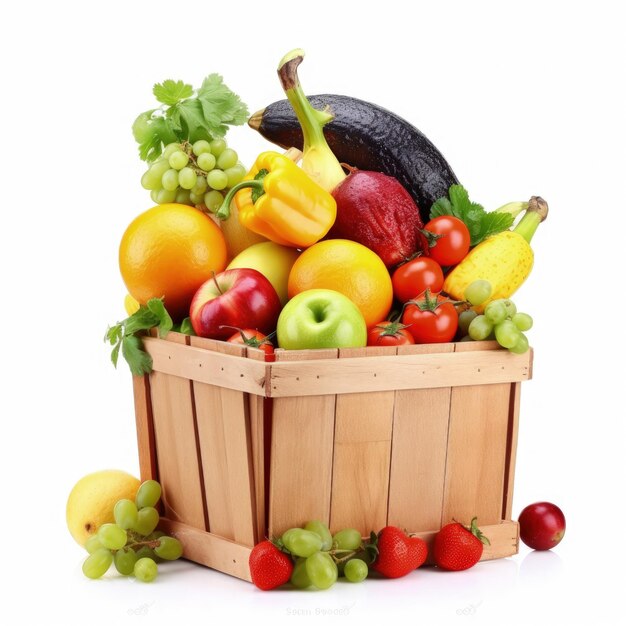 A basket of fruit and vegetables with a white background