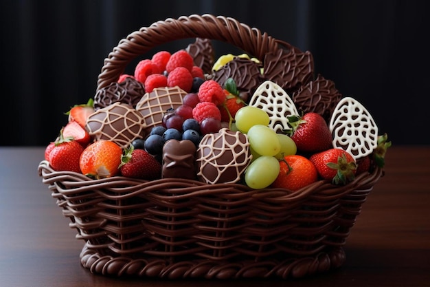 a basket of fruit with a basket of strawberries and chocolates.